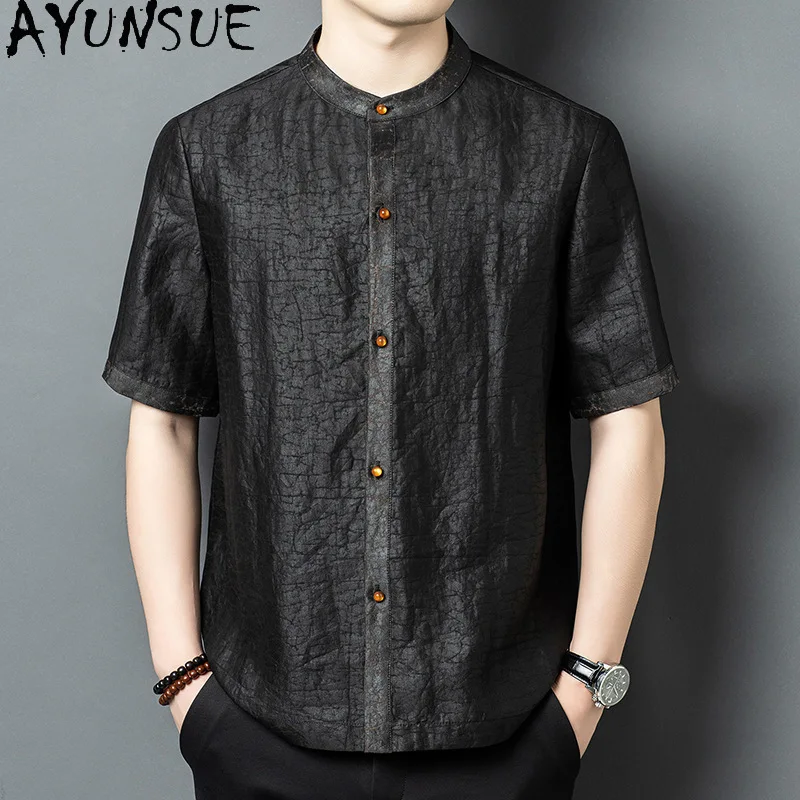 AYUNSUE 100% Natural Mulberry Silk Shirts for Men Summer Top 2026 Luxury Cracked Silk Watered Gauze Shirts Short Sleeve Shirt