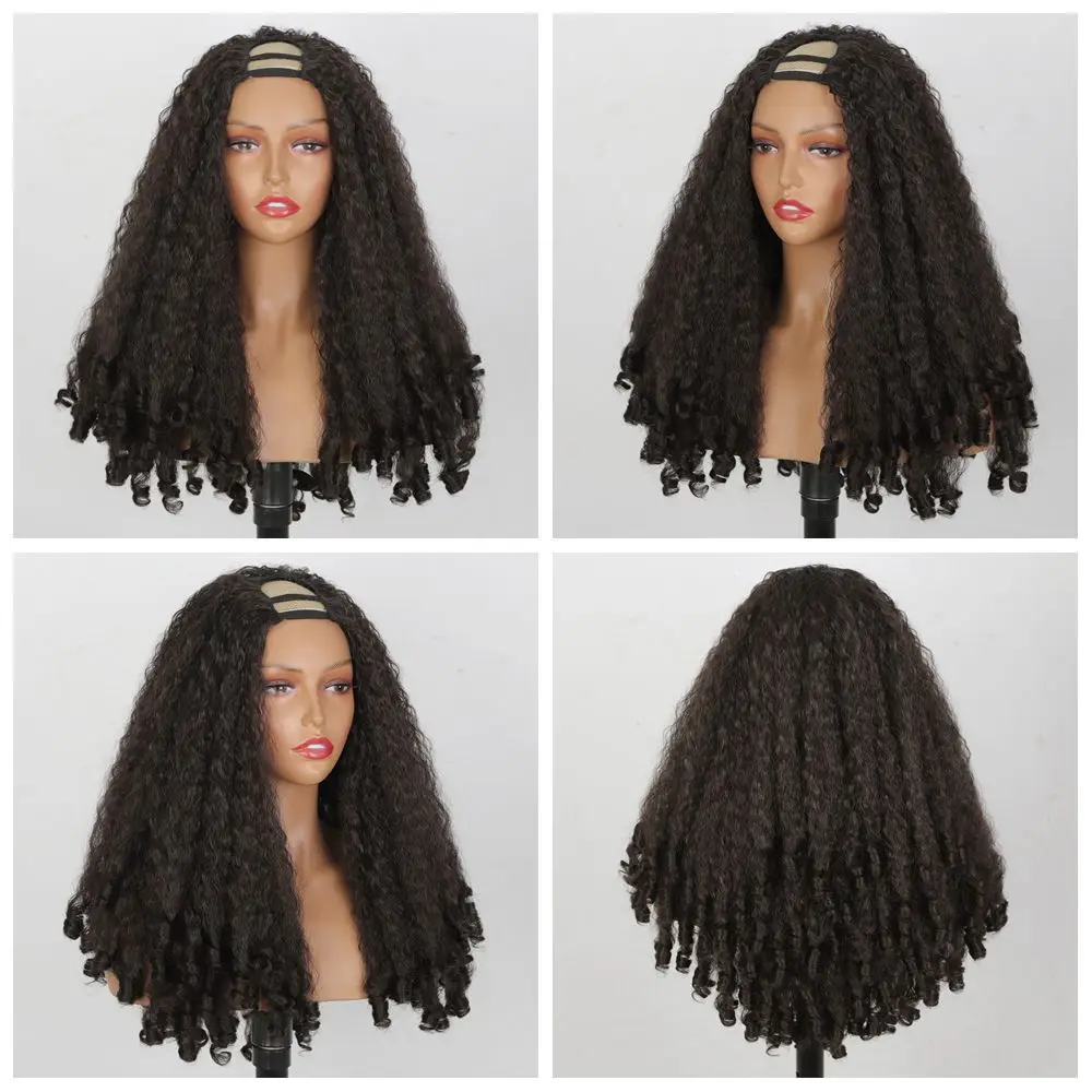 Parrucca afro riccia con parte a U, trama sintetica dei capelli intrecciati con riccioli rimbalzanti unici nella parte, parrucche piene di capelli lisci crespi morbidi da 24 pollici