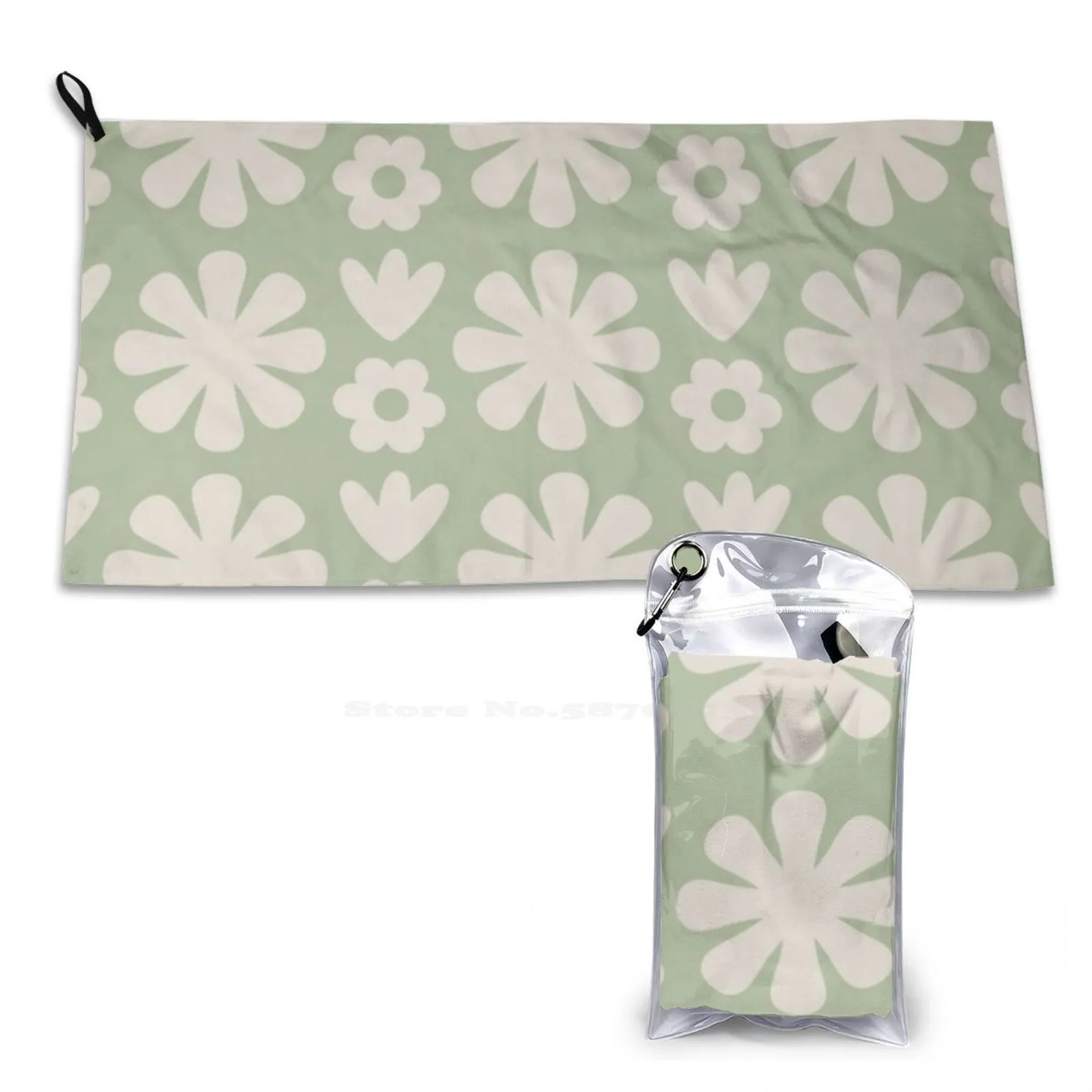 Scandi Floral Grid Retro Flower Pattern In Sage And Beige Custom Soft Sport Towels Home Outdoor Pattern Floral Flowers