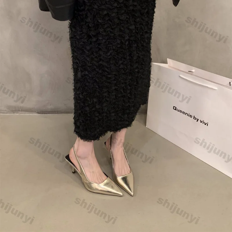 Women Design Silver Pointed Sandals Women Spring New Pumps Sexy Party Thin Heels Single Shoes Female Elegant Mules Dress Sandals image 2