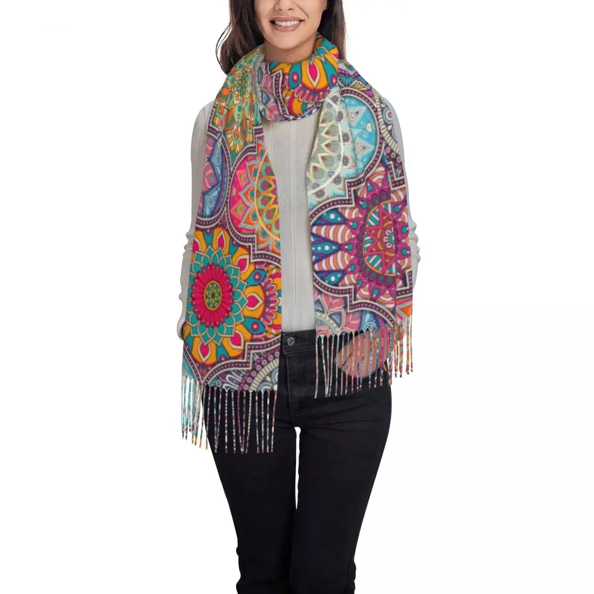 Custom Ladies Long Arabic Indian Ethnic Floral Mandalas Pattern Scarves Women Winter Soft Warm Tassel Shawl Wrap Scarf