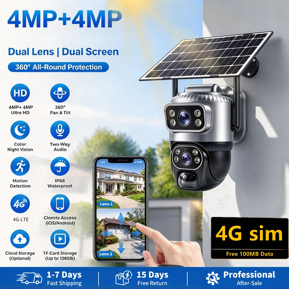 V380 8MP 4G Solar-Sicherheitskamera, kabellose Außenkamera mit Dual-Objektiv, PTZ-IP-Kamera, KI-gestützte Personenerkennung, Vollfarb-Nachtsicht, wasserdicht, CCTV-Überwachung