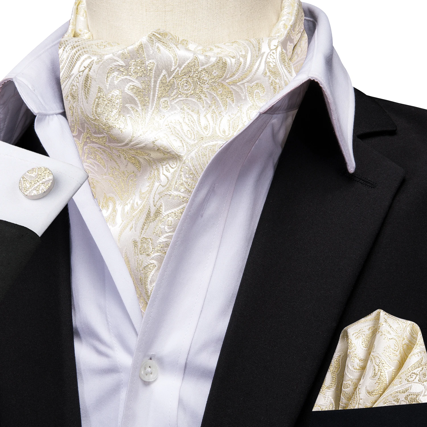 Silk Mens Ascot Black Pink Blue Red Gold Green Purple White Beige Cravat Tie Hanky Cufflinks for Male Wedding Business Prom Gift