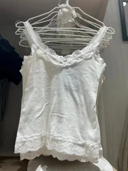 Lace Patchwork Slim Tank Tops For Women Summer Sweet White Sexy Sleeveless Cotton Crop Top Cute Vintage Solid Y2k Clothes 2025