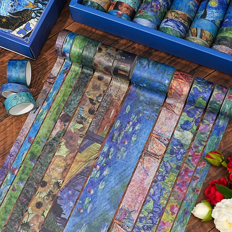 صندوق مكون من 32 لفة من لوحة زيتية فان جوخ السماء المرصعة بالنجوم اشي مجموعة شريط هدية صندوق ريترو ملصقات مخططة فنية ملونة ملصقات شريط المواد الزخرفية