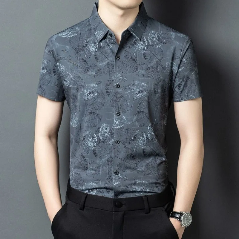 Mens Floral Print Short Sleeve Shirt Slim Fit Casual Button Up Top