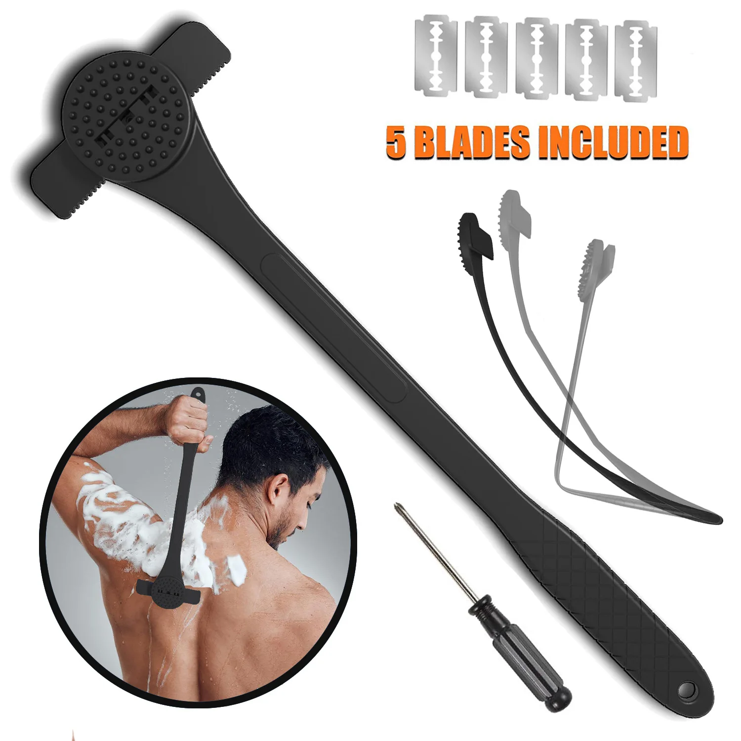 2 In 1 Men Back Shaver Hair Body Shaver Safety Long Handle Foldable Back Trimmer Body Leg Long Handle Removal Shaving Razor Tool