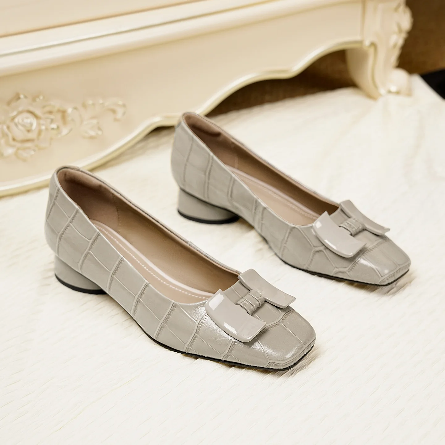Zapatos de Mujer, Zapatos de Tacón Bajo y Alto con Punta Cuadrada y Estampado, Decoración de Lazo, Zapatos Elegantes de Oficina para Mujer, Zapatos de Vestir, Zapatos de Mujer