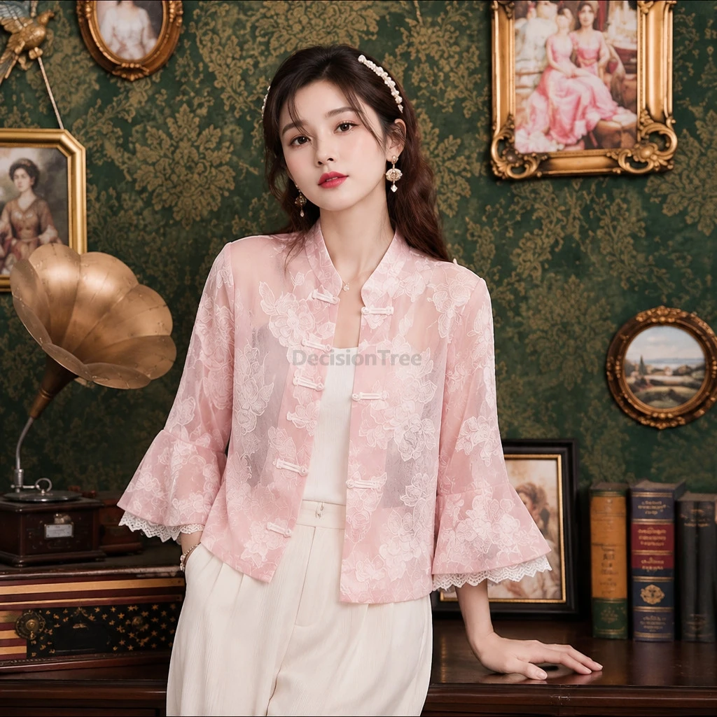 Summer Chinese Style Women Sun-protection Shirt Loose Thin Long Sleeve Jacquard Chiffon Blouse Outerwear Top Daily Tang Suit Top