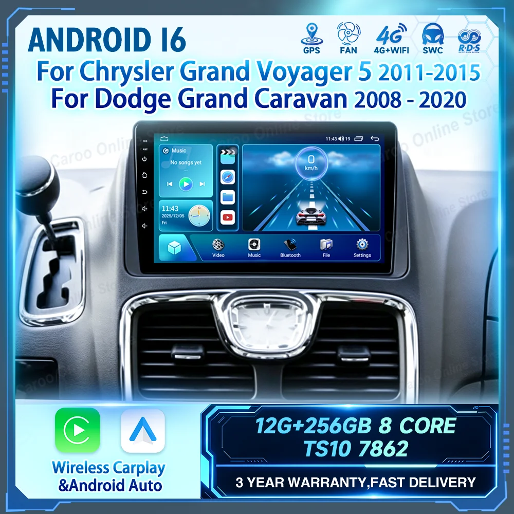 Android 16 Car DVD For Chrysler Grand Voyager 5 2011-2015 For Dodge Grand Caravan 2008 -2020 Auto Radio Stereo Multimidia Player