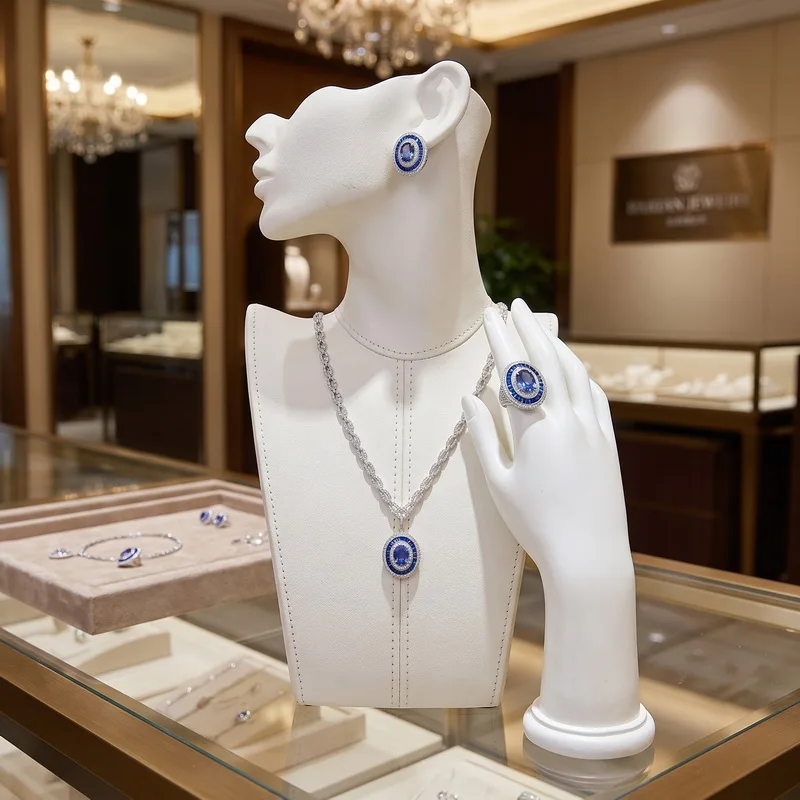 Europe America Style Ring Earrings Necklace Women Lady Inlay Cubic Zircon Synthetic Tanzanite Oval Pendant Party Jewelry Sets