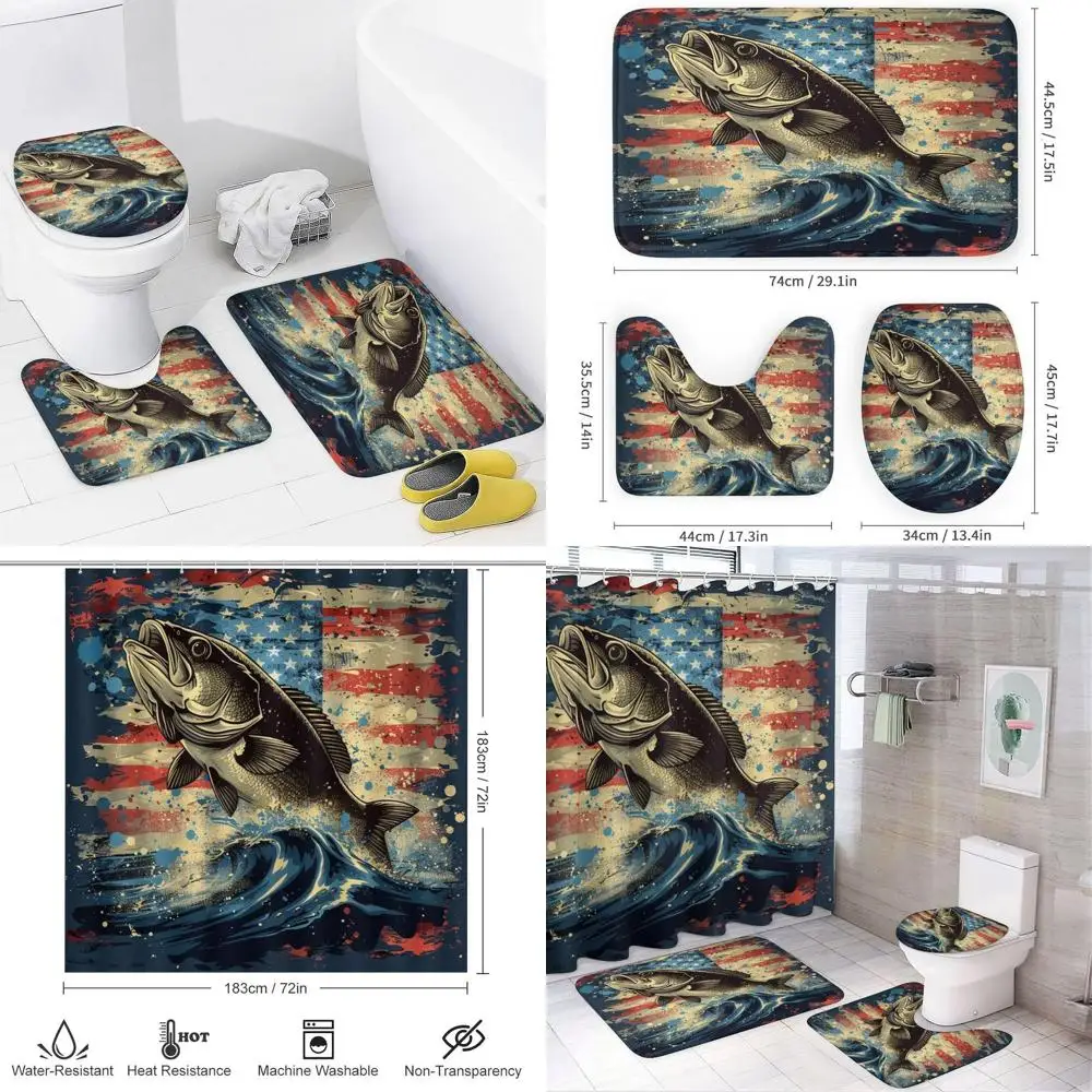 

American Flag Bass Fishing Shower Curtain Set with Toilet Lid Cover, U-Shaped Mat, Non-Slip Rugs, 72x72 Bathroom Decor