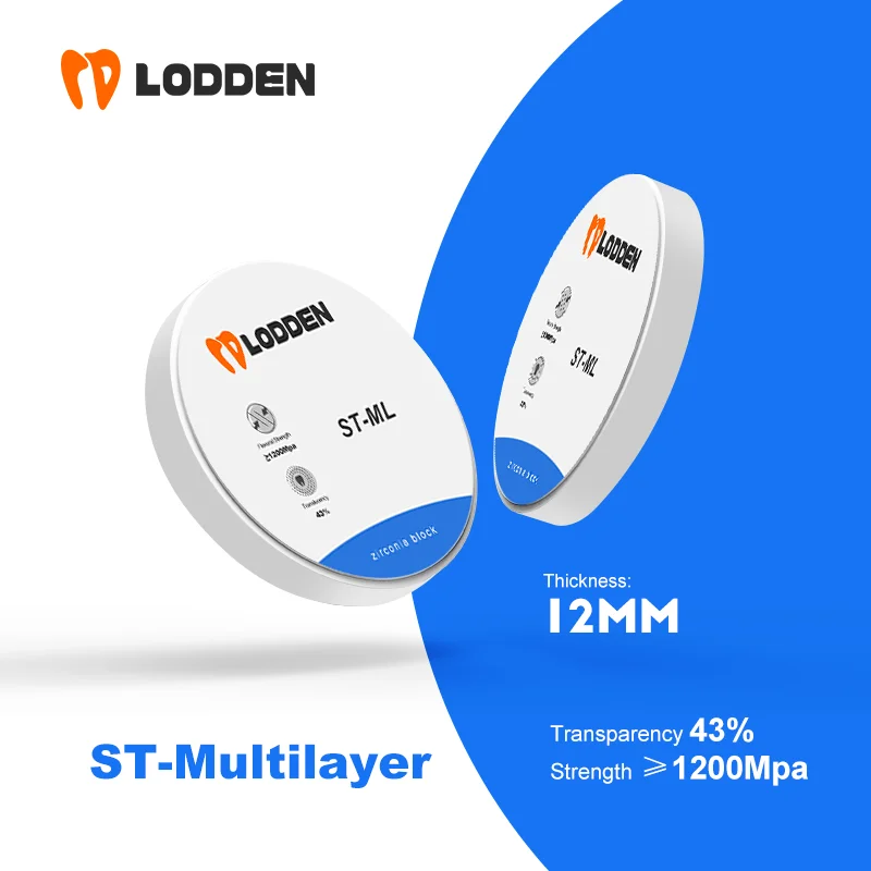 LODDEN ST-ML Multilayer Zirconia Block Open System 98*12mm Dental Lab CAD CAM Crown Transparency 43% Strength ≥1200Mpa