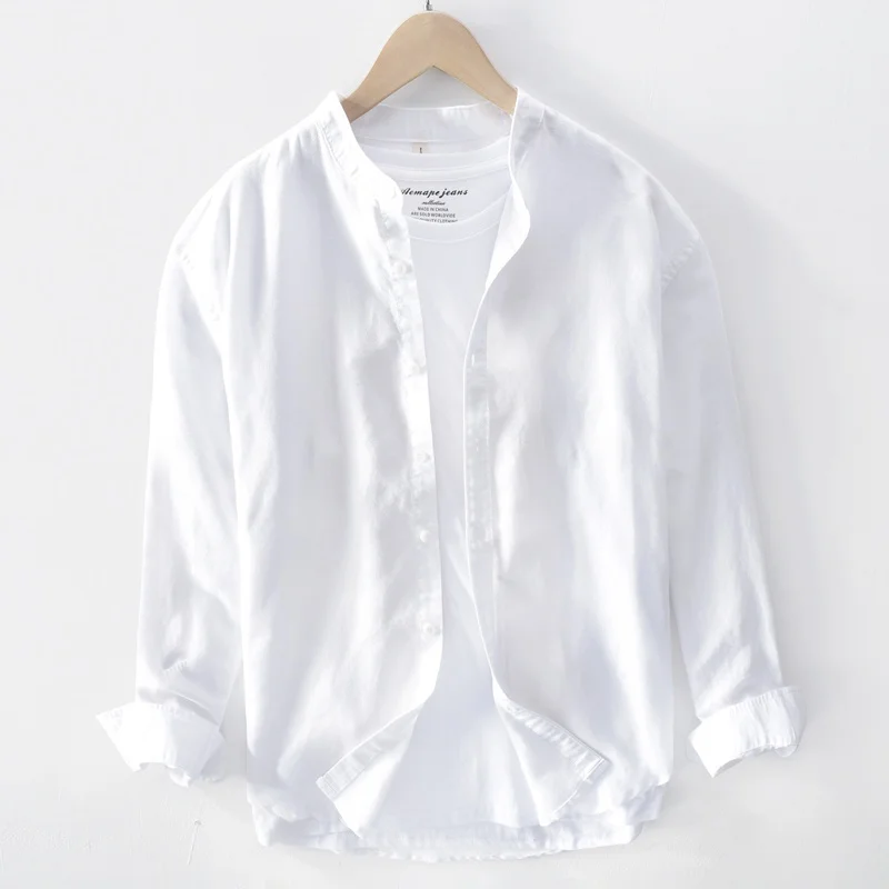 

Мужская льняная рубашка с воротником-стойкой, из хлопка и льна, летняя, модная, белая, трендовая мужская одежда для путешественников