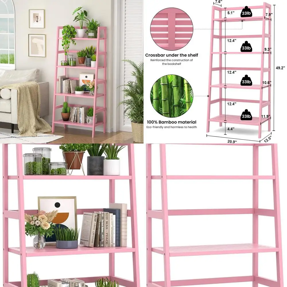 

Pink 4-Tier Bamboo Ladder Bookshelf - Open Shelving Unit for Home, Office, and Bathroom Storage