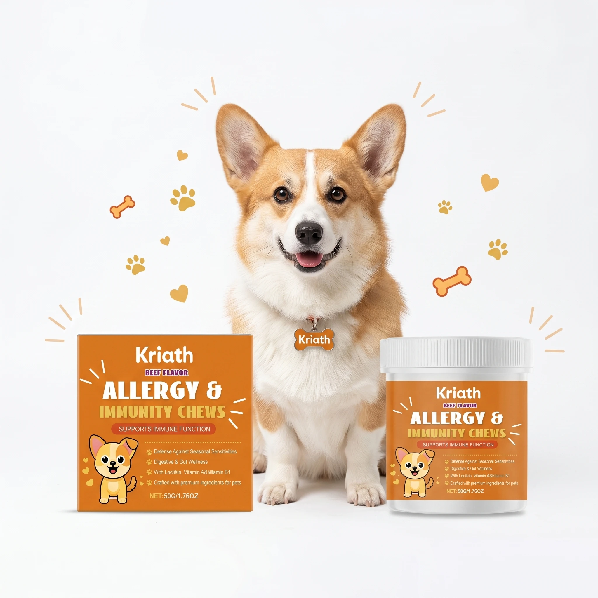 Comprimés à mâcher vitaminés pour animaux de compagnie, soutient la fonction immunitaire, stimule le métabolisme, ingrédients doux, complément nutritionnel pour chiens, soutien immunitaire.
