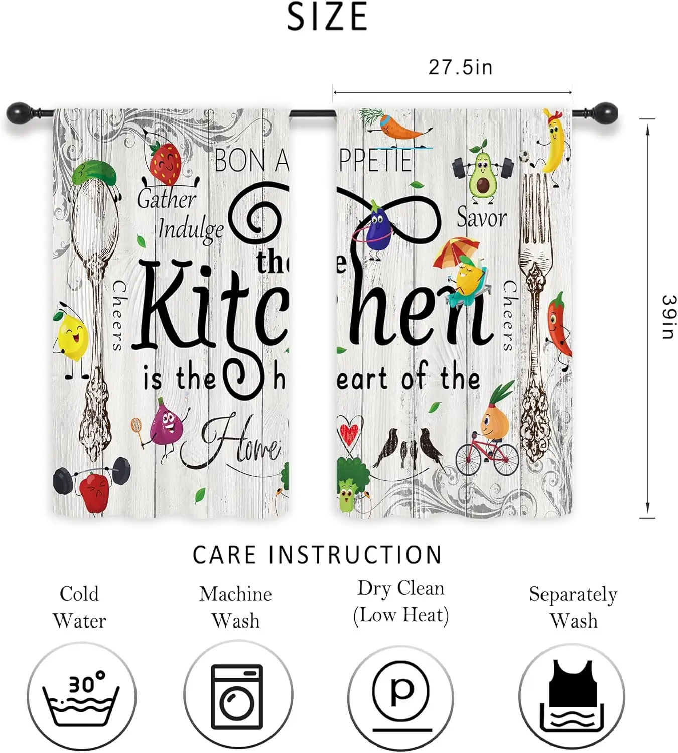 Riyidecor Funny Kitchen Curtains Short Small Fun Fruit Vegetables Cute Farm Country Wooden Board Farmhouse Rod Pocket Fork and