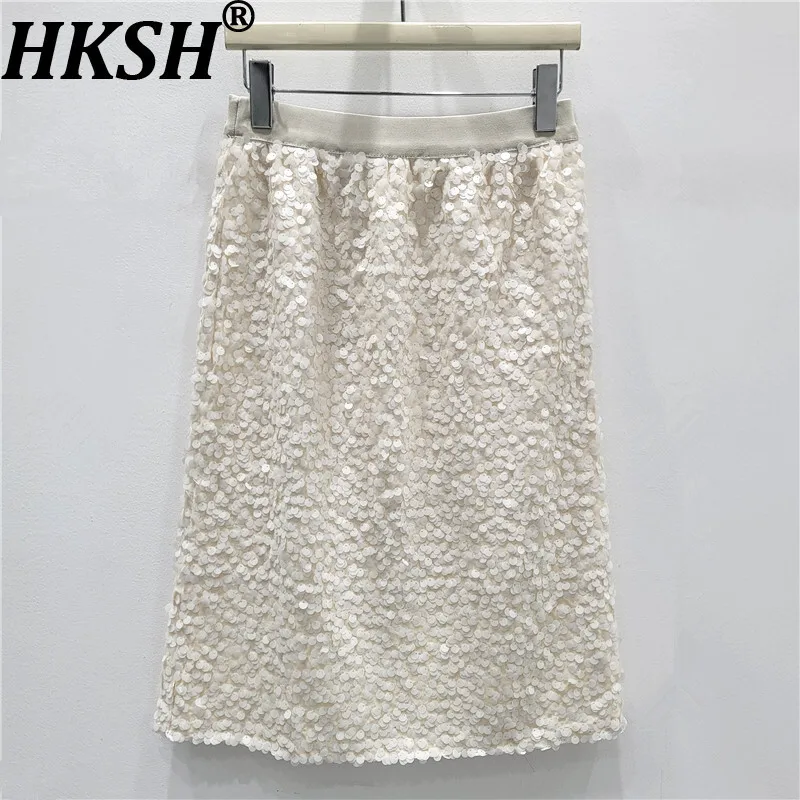 

HKSH Spring Autumn New Women's Skirt Heavy Craft Sequined Back Split Elastic Waisted Elegant Temperament High-end Skirts HK14915