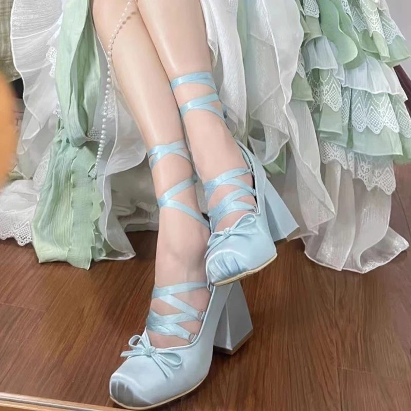 Sweet Small Bowtie Ribbons Cross Lace-up Silk Pumps Blue Pink Ballet Square Toe Chunky High Heels Women Lolita Shoes Mujere