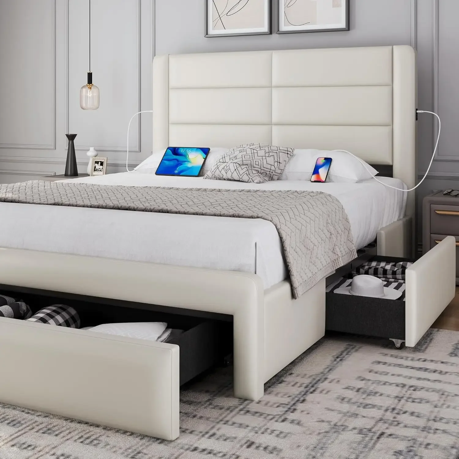 Bed Frame with 2 USB Charging Stations/Port for Type A&Type C/3 Storage Drawers, Leather Upholstered Platform Bed