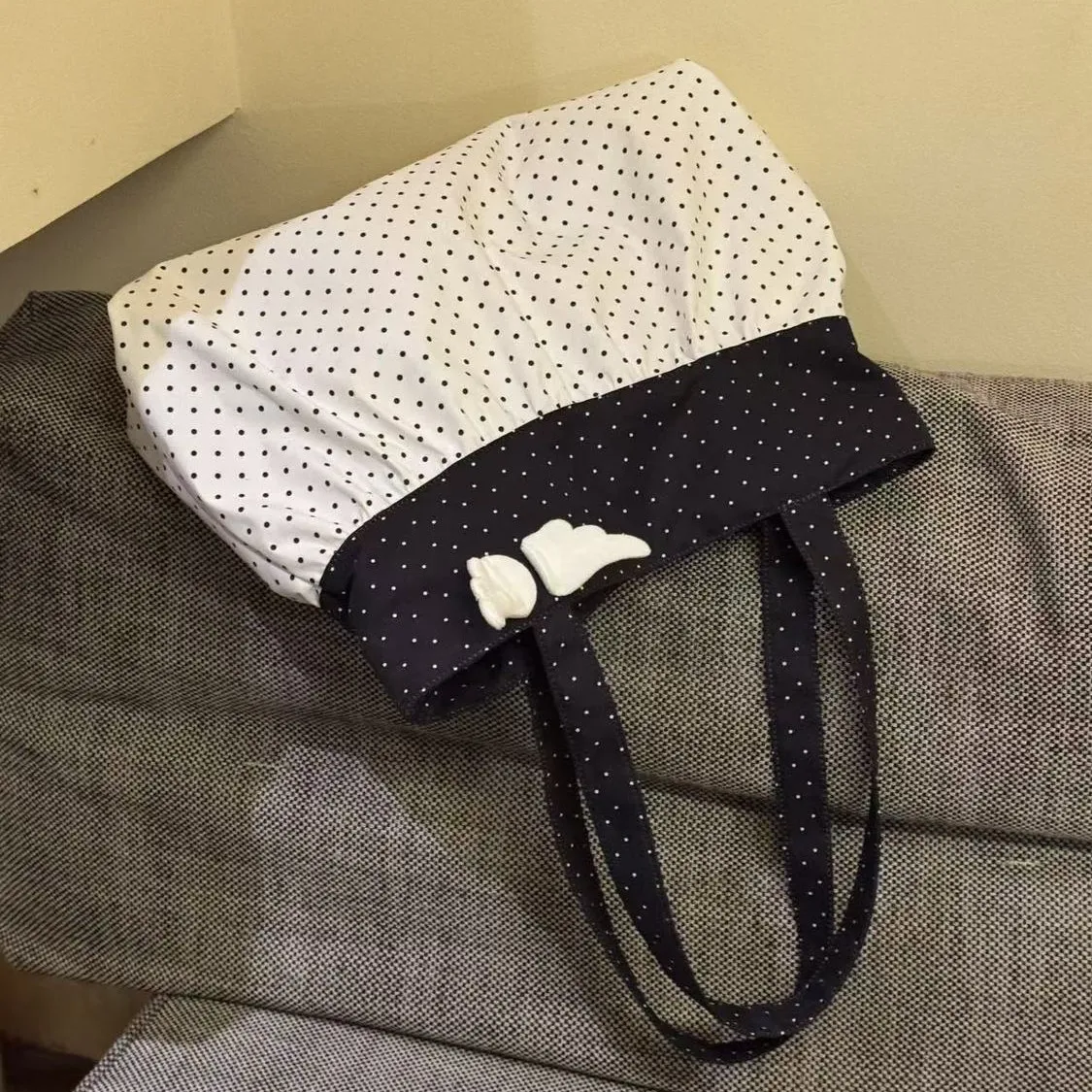 Polka Dot Tote Bag with Angel Wings Decor, Women Soft Fabric Shoulder Handbag, Sweet Y2K Aesthetic Ruched Shopping Bag