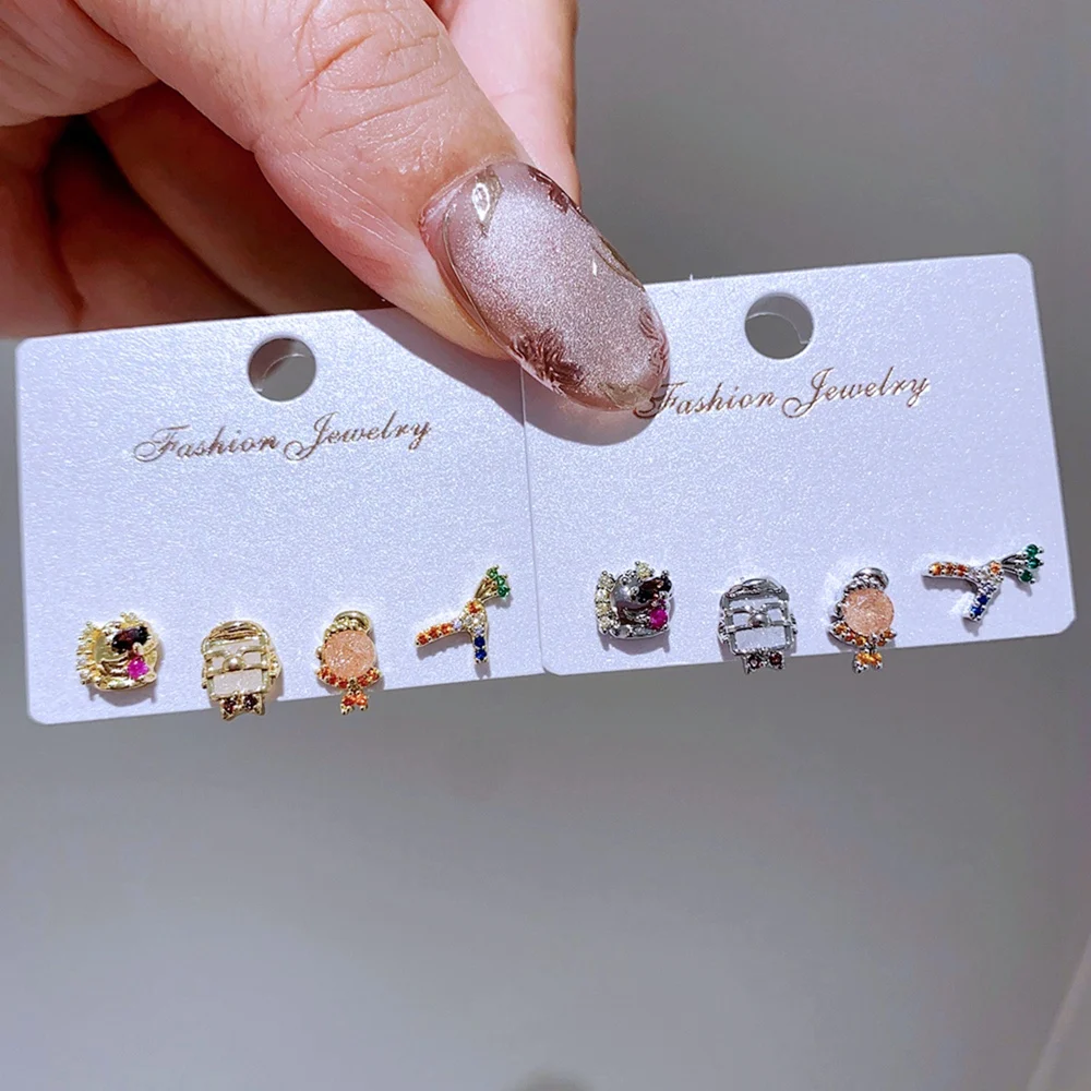 4pcs/set Multicolor Crystal Stone Cartoon Stud Earrings for Women Girls Gold Plated Cubic Zircon Jewelry