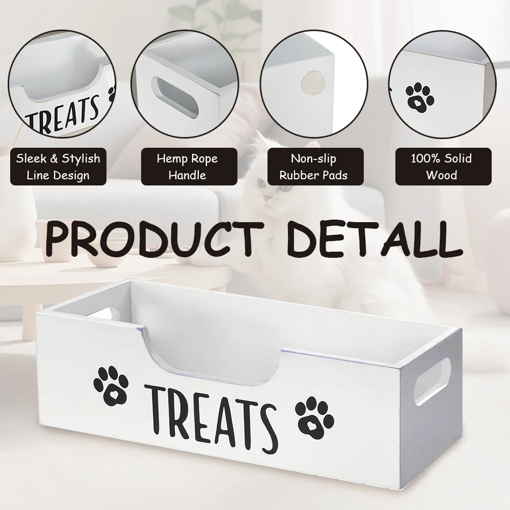 나무로 만든 애완동물 간식 보관함 플라스틱 간식통 음식 보관 홀더 (화이트)