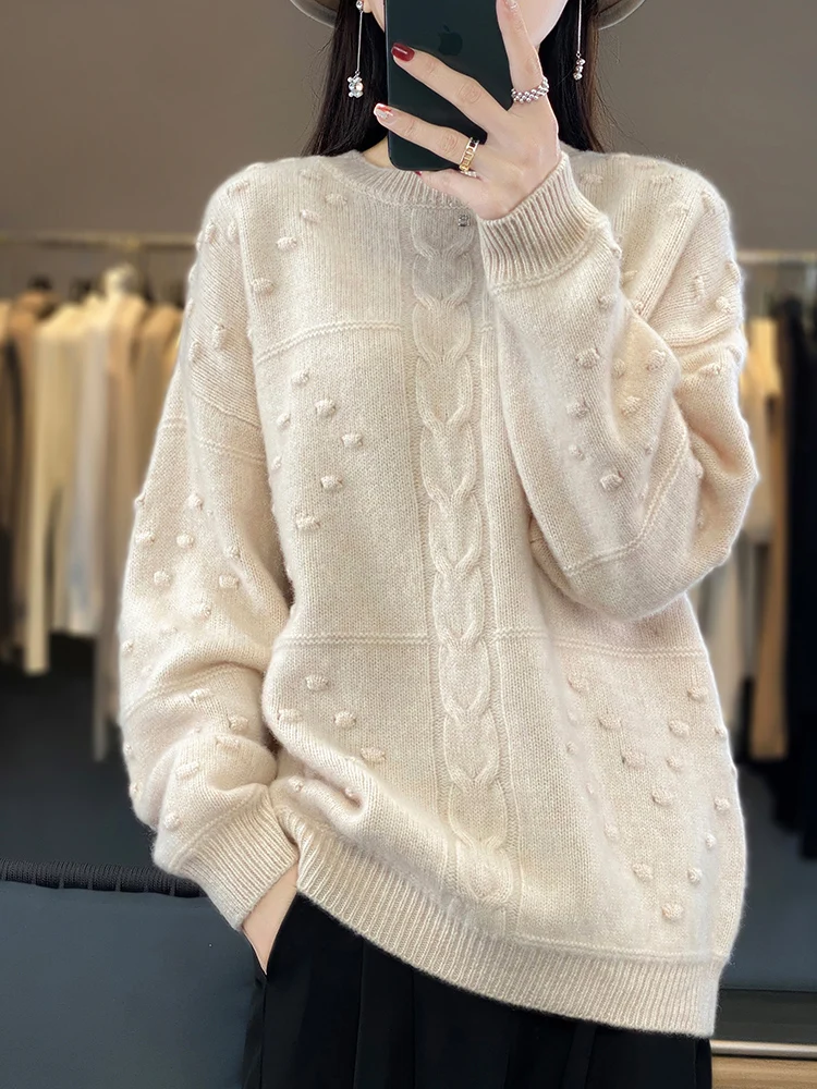 Suéter suelto de manga larga para mujer, jersey de lana merina con cuello redondo, tejido de cachemira con flores retorcidas, Tops de moda coreana, primavera y otoño, 100%