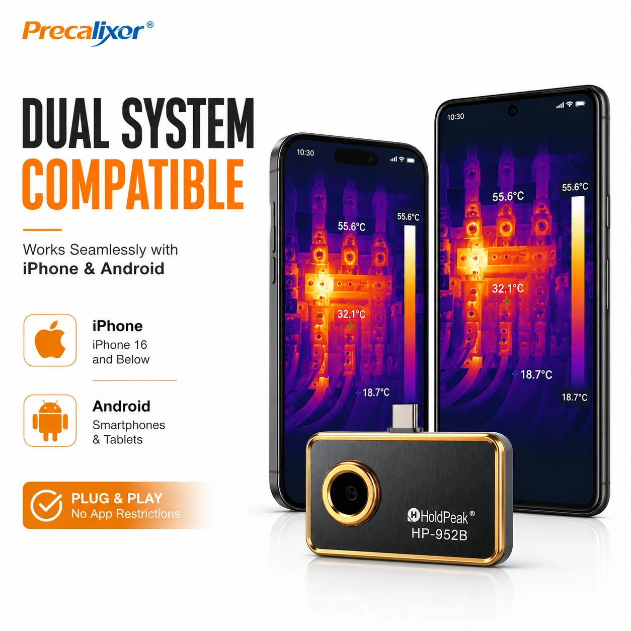Dual-System Thermal Camera 256x192 for iPhone/Android, 25Hz 56°FOV, -20°C~550°C, 10 Palettes, IP54, Plug&Play HVAC/Electrical