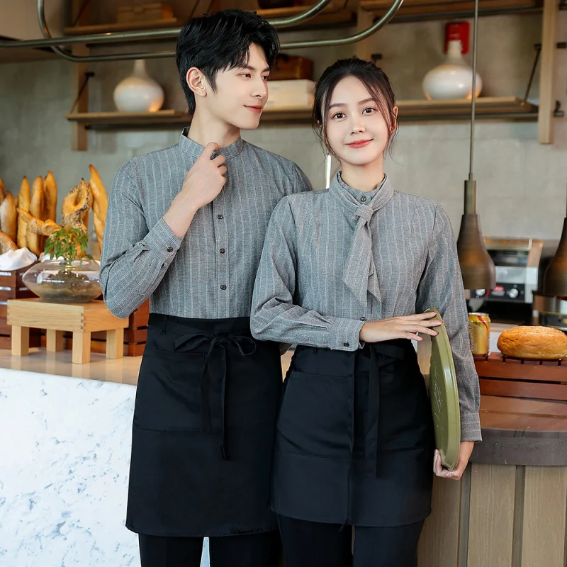 Uniforme de servidor de restaurante de comida rápida manga longa restaurante ocidental cafeteria steakhouse hambúrguer bolo loja camisa de funcionário para wo