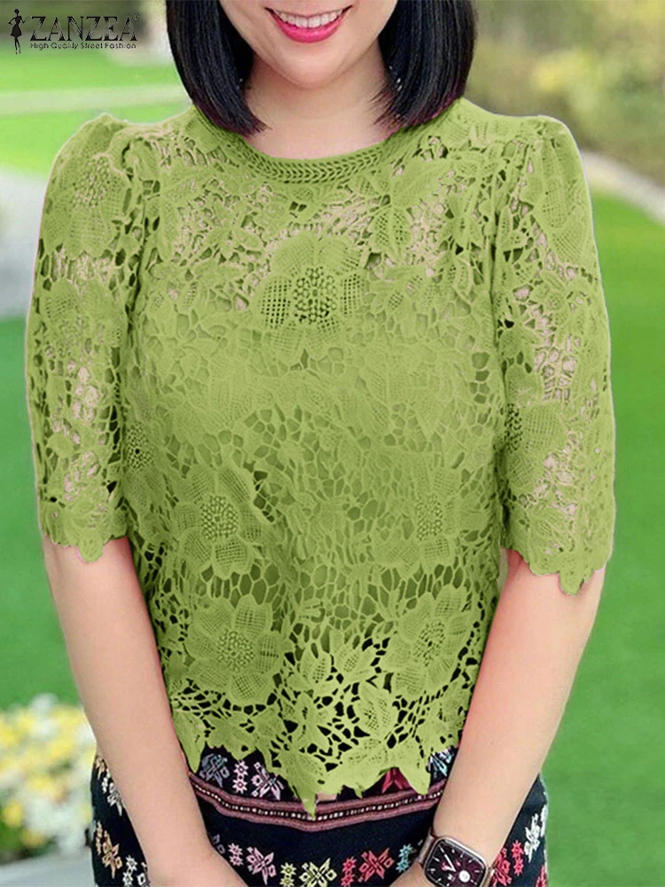 

ZANZEA Vintage Blouse Lace Patchwork Tops Women 2025 Summer See Tthrough Blusas Solid Color Casual Loose O Neck Tunic Pullover