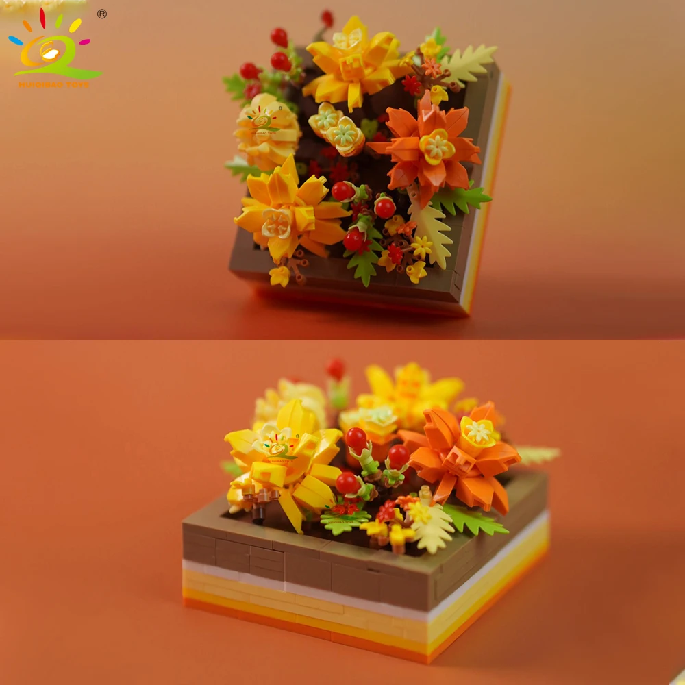 HUIQIBAO Eternal Flower Building Blocks Box with Drawer DIY Rose Peony Sunflower Blue Floral Bouquet model bricks Toys Ornament