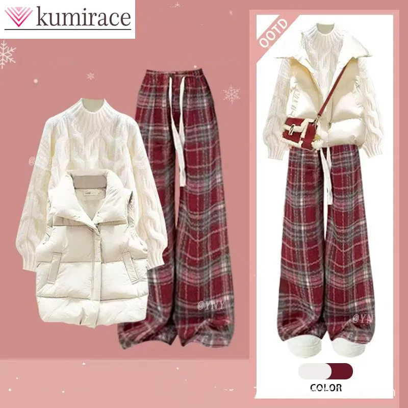 

Autumn and Winter Sets Women's New Cotton Vest Knitted Sweater High Waist Slimming Red Checkered Pants Three Piece Set