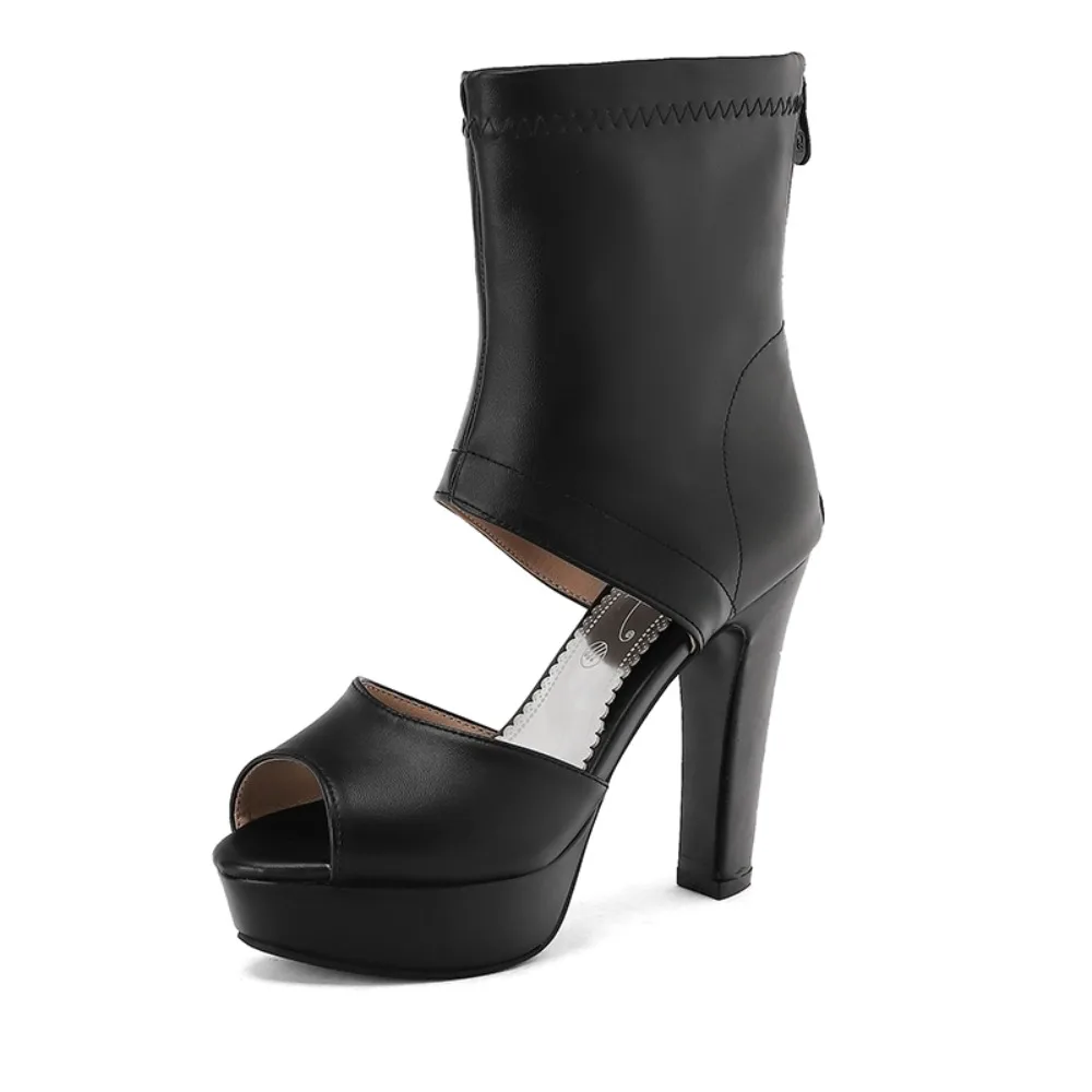 

Block Heels Women Sandals Peep Toe Back Zipper Hollow Out Party Dress Wedding Summer Fashion Platform Sandals Big Size 50 30-51