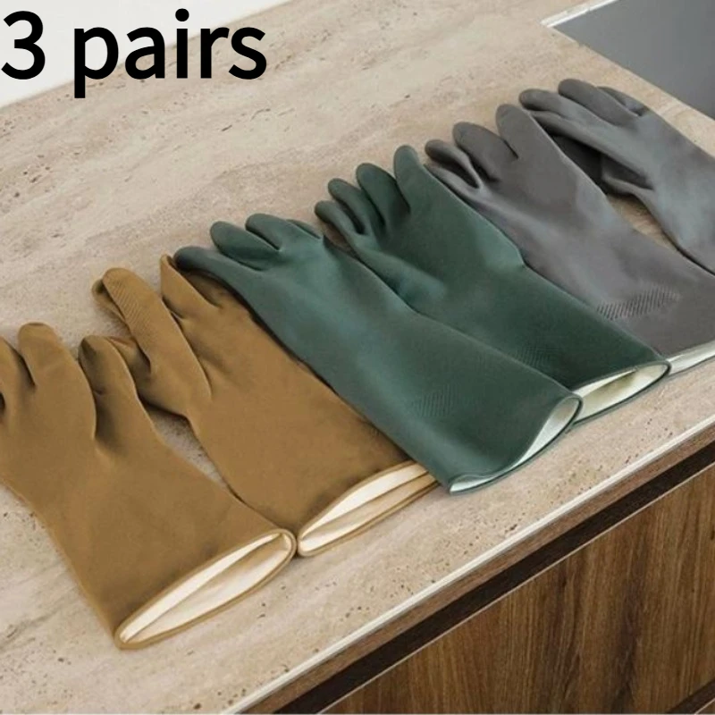 

3 пары толстых латексных кухонных резиновых перчаток для мытья посуды, чистки и домашних животных, прочные и многоразовые, водонепроницаемые