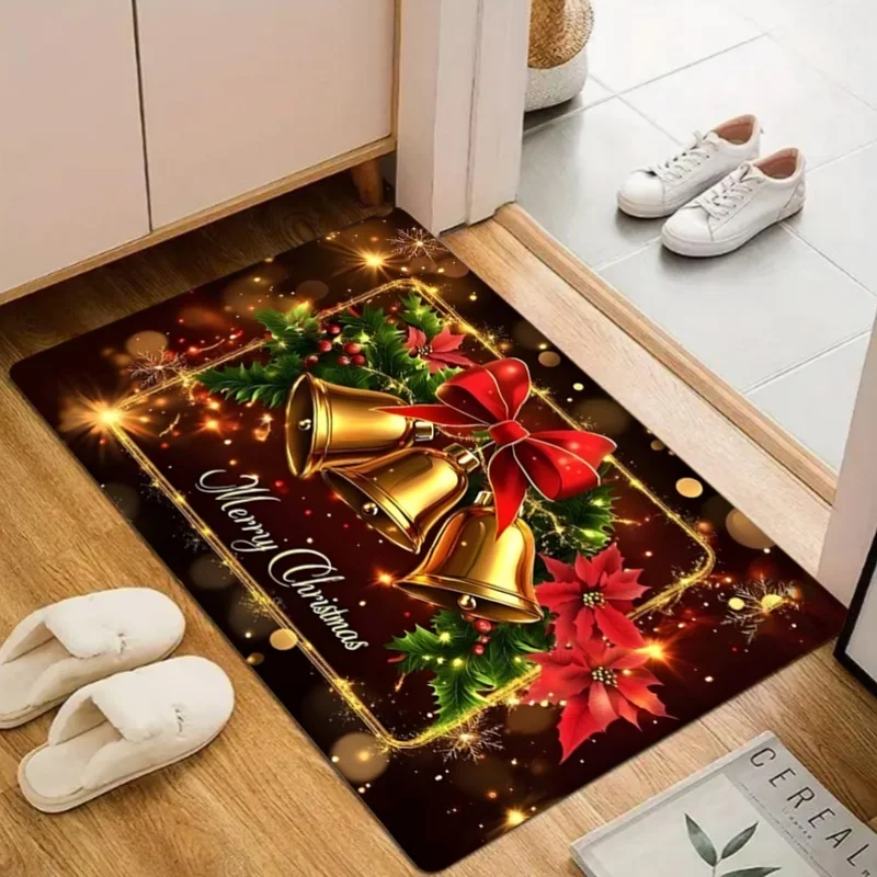 Golden Bell Merry Christmas Doormat, Poinsettia Glowing Printed Floor Rug, Indoor Entrance Xmas Decor