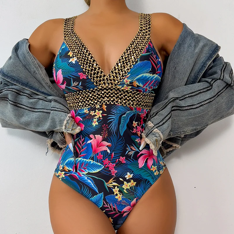 2025 Sexy Print Strapped Swimwear Women Push UP One Piece Swimsuit Monokini Backless Hollow Summer Bathing Suit