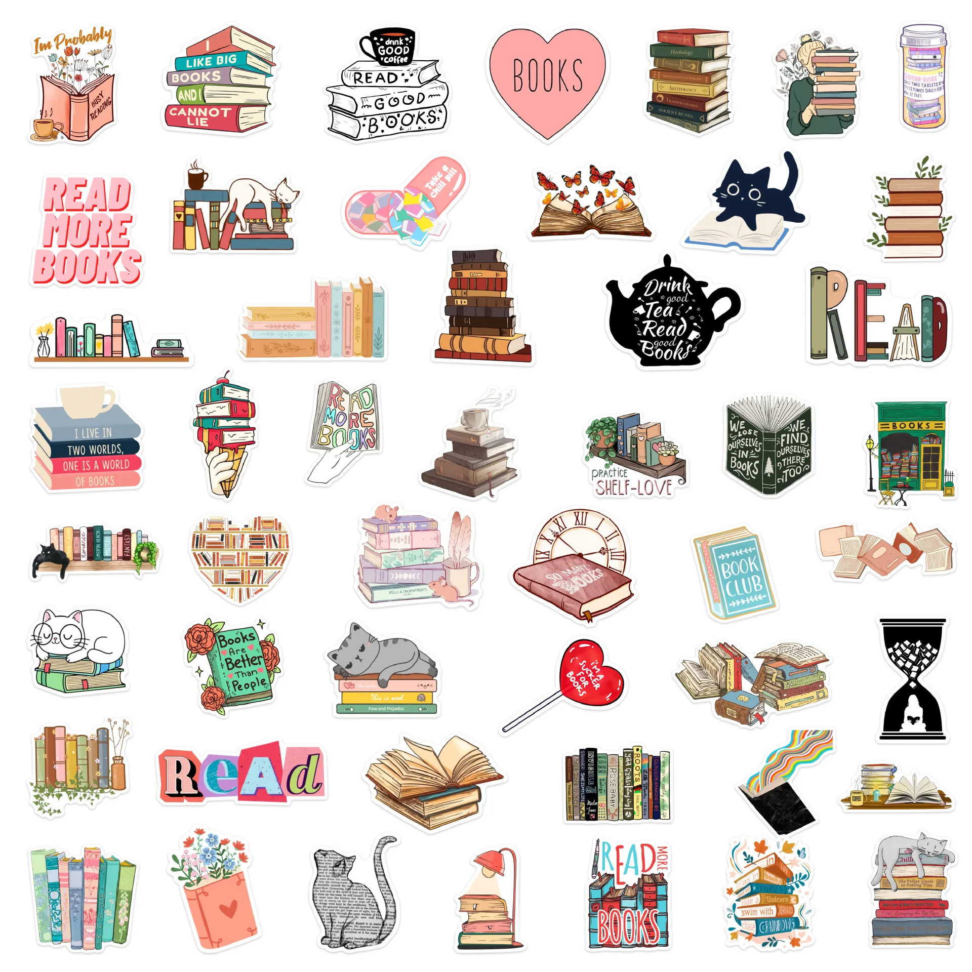 50PCS Diary Book Reading Stickers Aesthetic DIY Scrapbook Notebook Phone Laptop Guitar Luggage Stationery Graffiti Sticker Toy