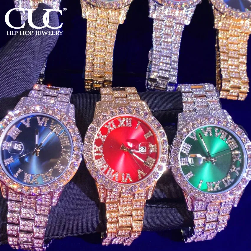 

CUC Men's Quartz Watch Iced Out Rhinestones Fashion Stainless Steel Mesh Belt Red Blue Green Color Watches HipHop Jewelry