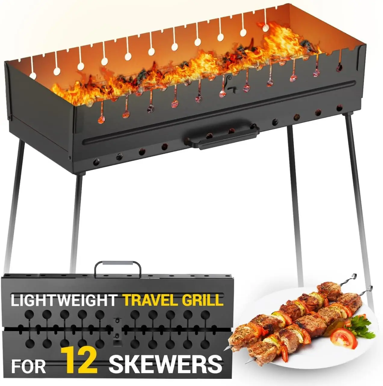 Charcoal Grill for 12 Skewers Portable Barbecue Camp Grill Foldable Metal Mangal Kebab Shish for Picnic Outdoor Cooking Camping