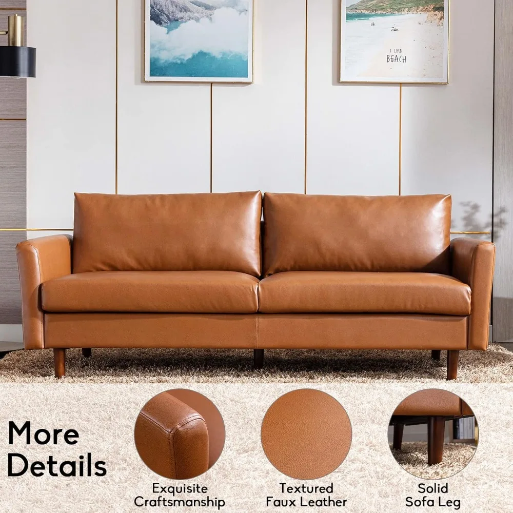 80'' Faux Leather Sofa Couch, Mid-Century Modern Sofa with Solid Wooden Frame & Padded Cushions,