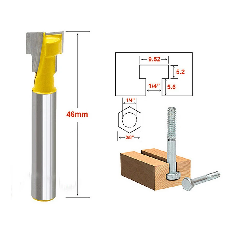 3/8 ''T-slot Cutter 1/4'' Shank Pegangan Penggilingan Woodworking Router Bit Drop Pengiriman
