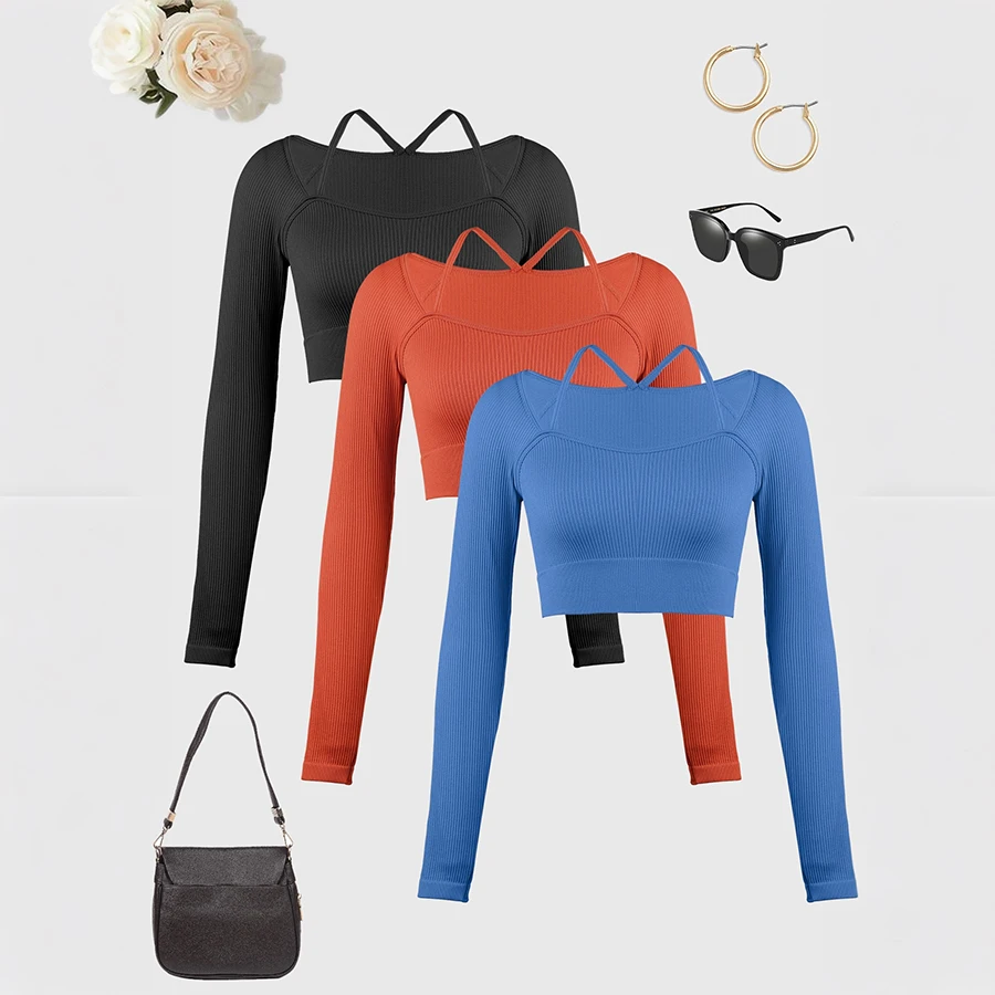 Ribbed Seamless Long Sleeve Crop Top  Halter Neck Off Shoulder Workout Yoga Top Slim Fit Square Neck Activewear for Women
