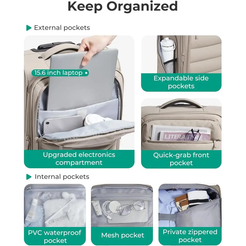 20 Lightweight Spinner Carry-On Suitcase, Airline Approved, PVC Pockets, Camel