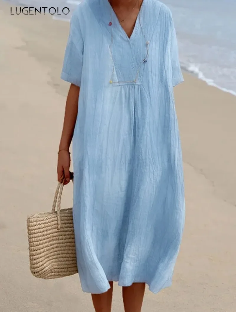 

Женское льняное платье с V-образным вырезом и коротким рукавом