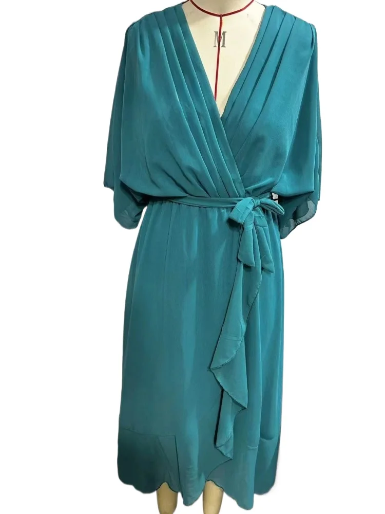 

Solid Color V-neck Pleated Summer Chiffon Long Loose Lace Up Dress
