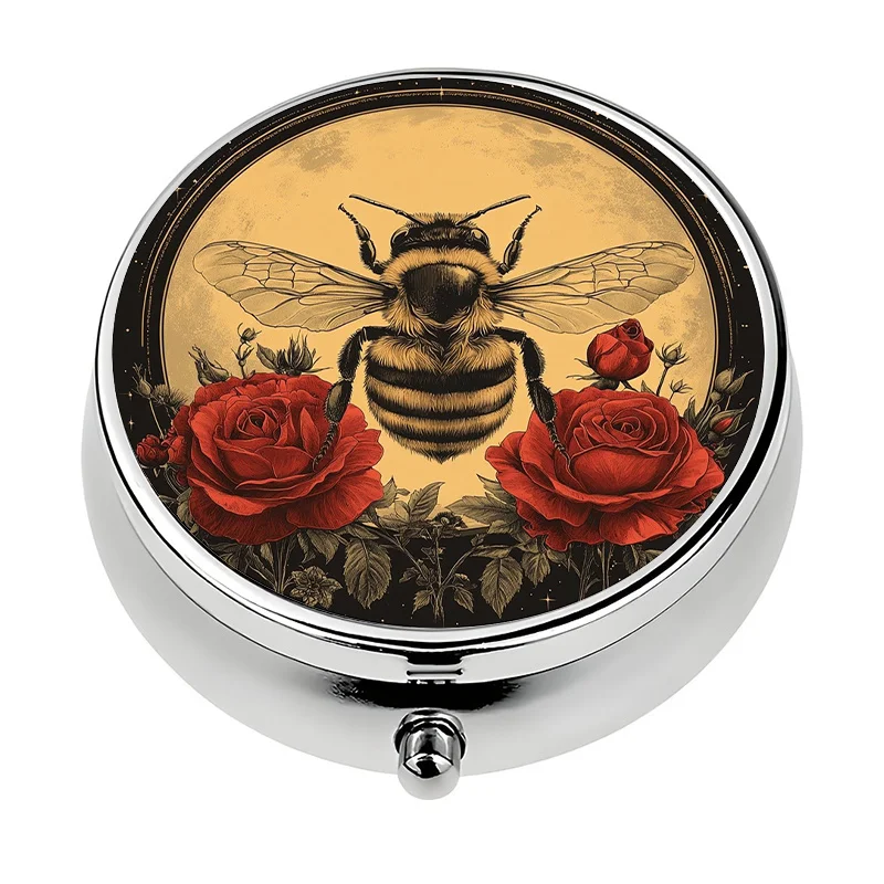 1 metal bee-themed pill box with a 3-compartment locking lid - mini bee and honeycomb capsule storage box, decorative pill box suitable for handbags and purses - gold-colored gift for beekeepers, used for storing vitamins and medication