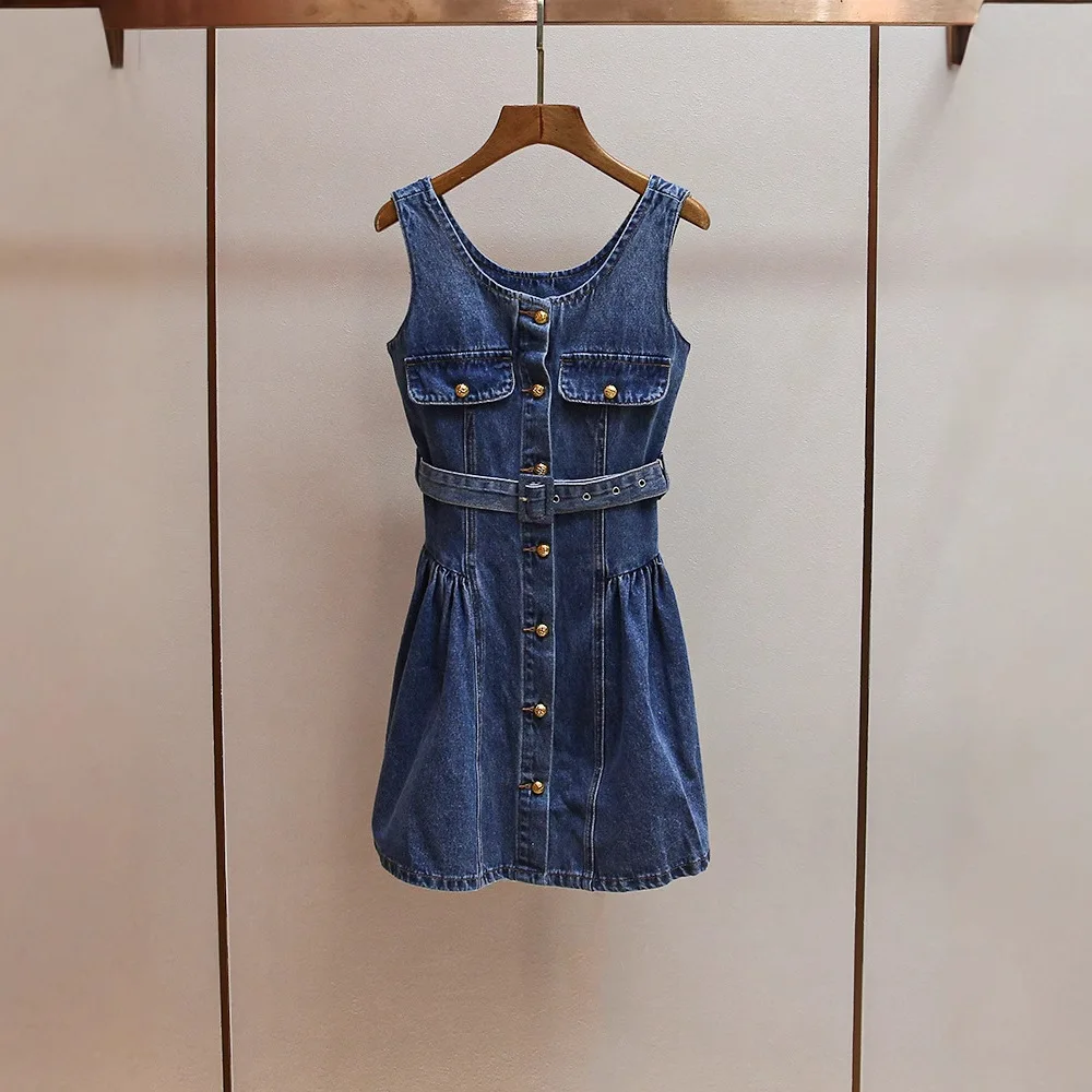 

Sweet Cool Retro Early Spring New Style Women's Denim Vest Dress Cotton Knitted Midi Waist Cinched Puffy Skirt Commute Style