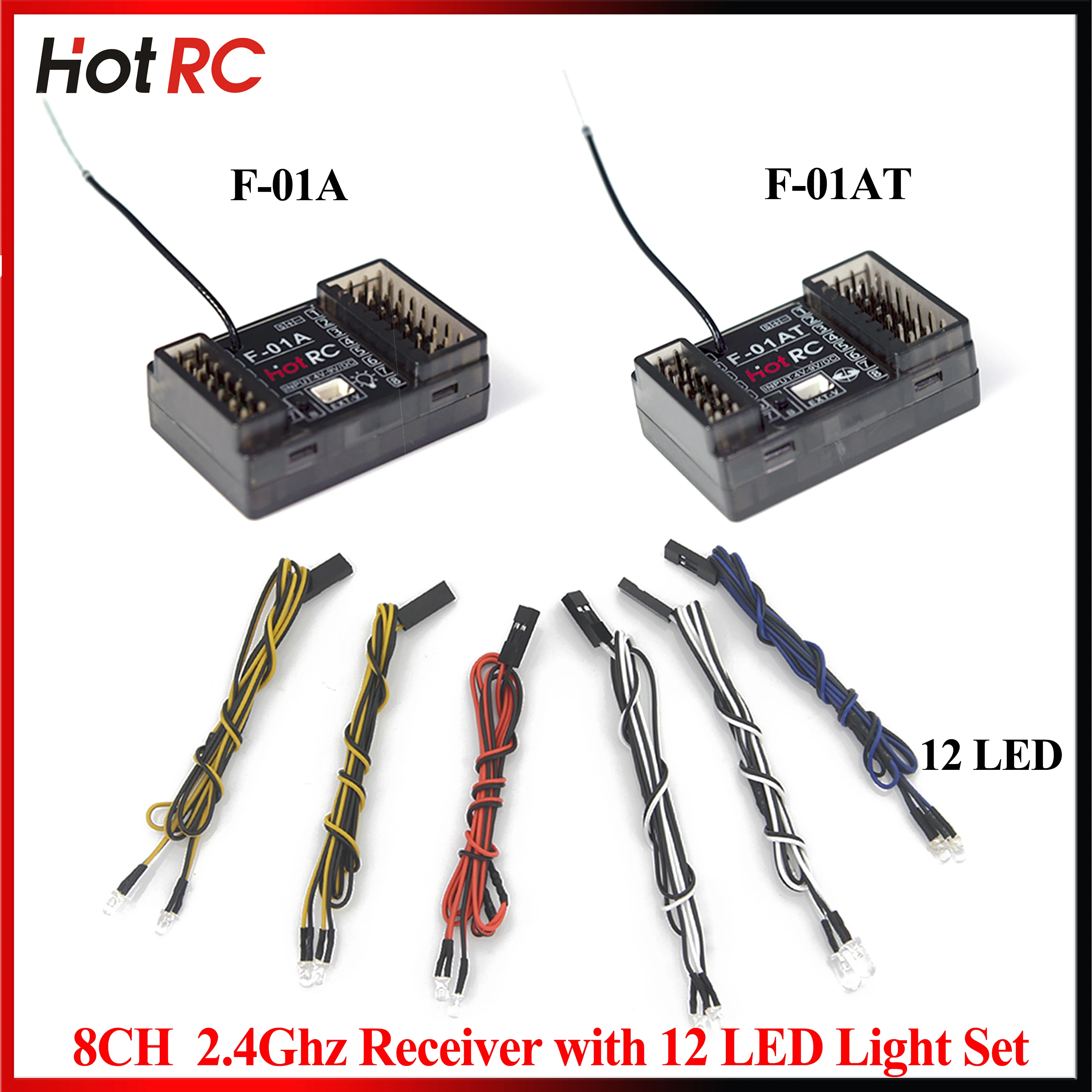 

HotRC 8CH 2.4G F-01A F-01AT Gyro Receiver Light Control Voltage Return PWM 12LED Lamp for RC Car Transmitter Aircraft Tank Boat