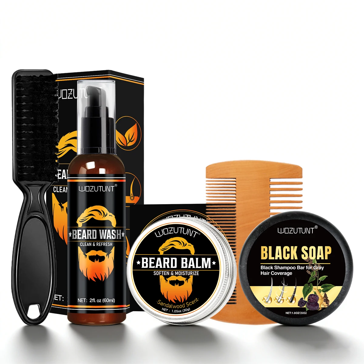 Beard Wash Moustache Balm and Black Soap for Men Professional Smoothing Cleansing Facial Hair Kit Progressive-Dyeing Black Soap